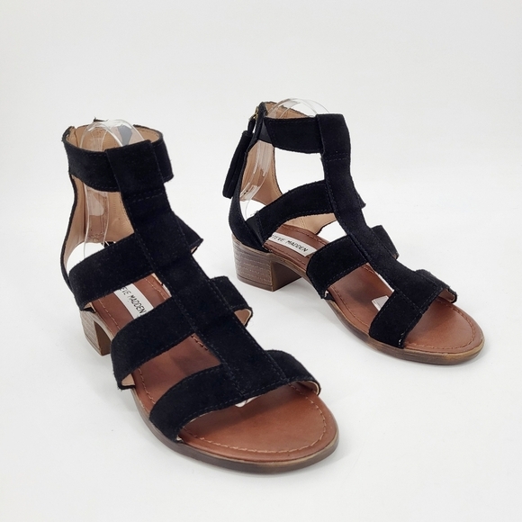 Steve Madden Daviss Gladiator Sandals Block Heel Genuine Leather Black Size 7 - Picture 1 of 9